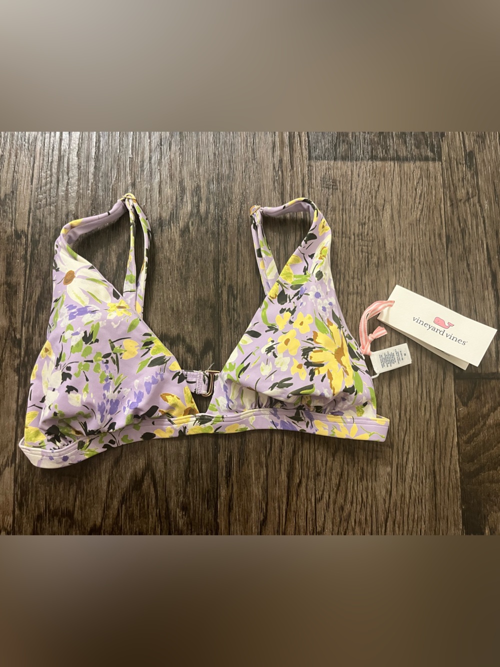 Vineyard Vines Lavender Floral Triangle Bikini Top with Yellow Accents